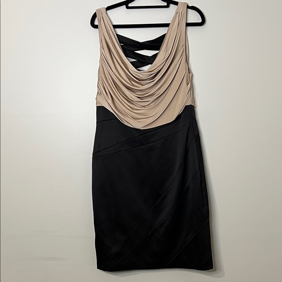 js international Dresses & Skirts - Sleeveless Draped Neck Two-Tone Cocktail Dress - Beige and Black